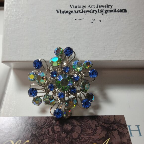Antique Aurora Borealis Brooch Something Blue on Rhodium finish Glam Unsigned - Picture 1 of 6